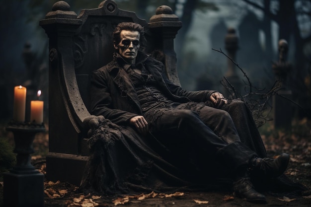 Un vampire d'Halloween dans un cimetière assis sur une tombe