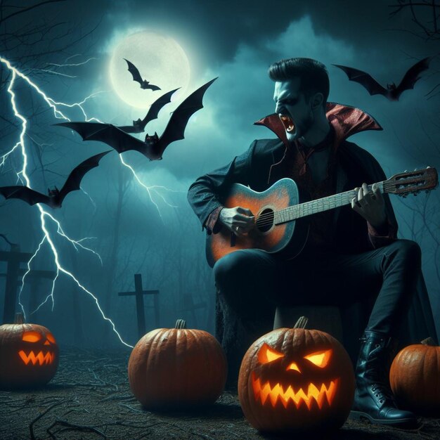 Photo un vampire jouant de la guitare à une fête d'halloween