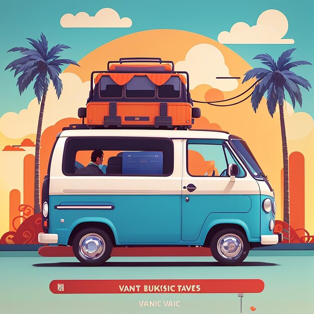 Photo van car music tour transportation with drum guitar and suitcase vector illustration flat cartoon style suitable for web landing page banner flyer sticker wallpaper card background