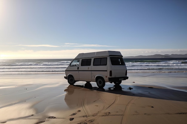 Van garé sur une plage avec des vagues roulant en arrière-plan créé avec une IA générative