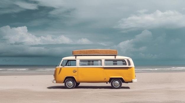 Van vintage sur la plage avec ciel nuageux