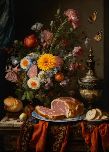 Photo vanitas, natures mortes, fleurs, papillons, viande de jambon, pain, style du xviie siècle.