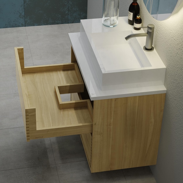 Une vanité de salle de bain avec un lavabo blanc et un tiroir en bois vue de dessus design de salle de bain intérieur moderne