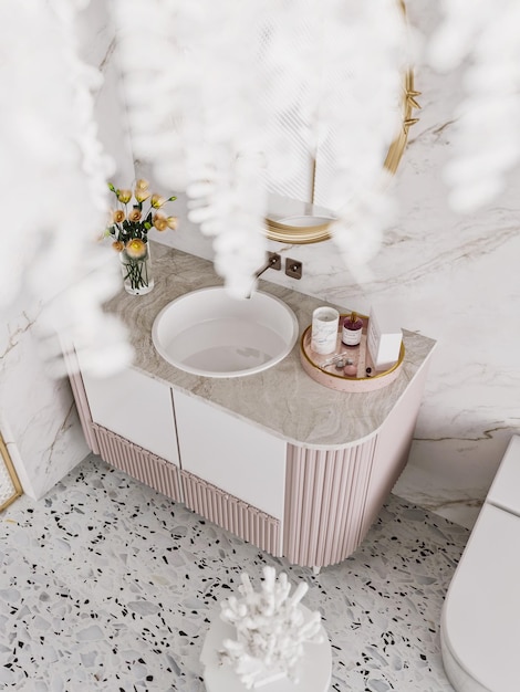 Une vanité de salle de bain rose élégante