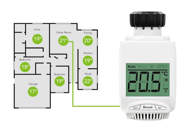 Vanne thermostatique de radiateur sans fil numérique comme système de climatisation avec avion domestique sur fond blanc. Rendu 3D.