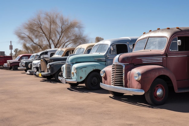 Photo vans et camions du passé garés en ligne prêts pour un road trip créé avec l'ia générative