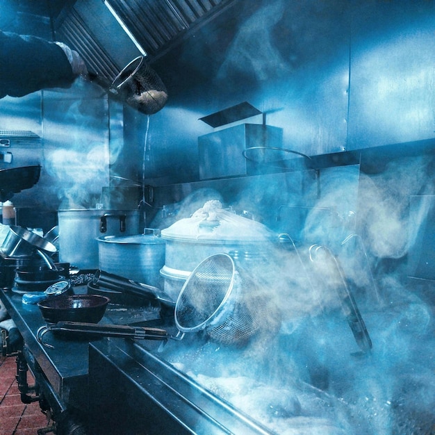 Photo vapeur dans la cuisine commerciale d'un restaurant