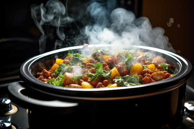 Photo vapeur s'élevant d'un repas chaud à la mijoteuse