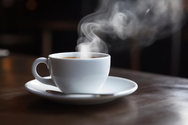 Vapeur s'élevant d'une tasse blanche de café chaud avec une cuillère sur une soucoupe au-dessus d'une table en bois dans le café