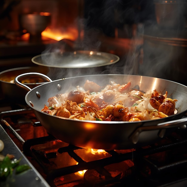 la vapeur et le sifflement d'un plat chaud cuisiné dans la cuisine