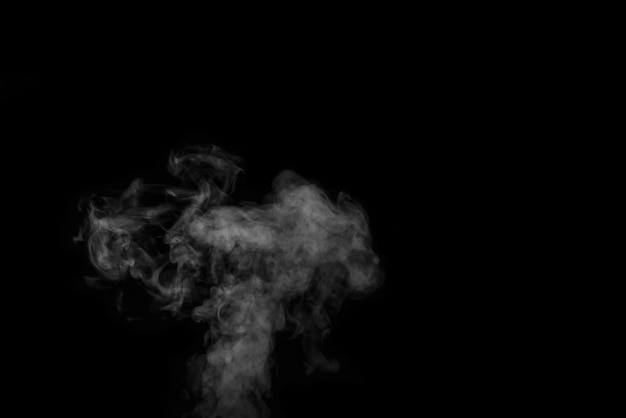 Vapeur de vapeur blanche provenant du saturateur d'air. Fragments de fumée sur fond noir. Abstrait, élément de conception, pour la superposition sur des images