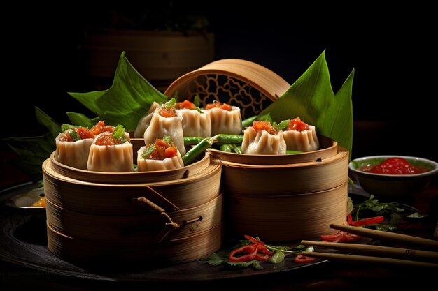 Photo des vapeurs en bambou avec une variété de cuisine chinoise dim sum