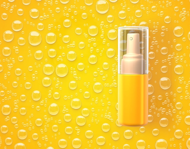 Vaporisateur de bouteille cosmétique avec des bulles ou des gouttes d'eau sur fond jaune rendu 3d Essence d'huile pour le visage ou le corps ou produit de soin de la peau de beauté des cheveux sérum sur la bannière de maquette de texture liquide