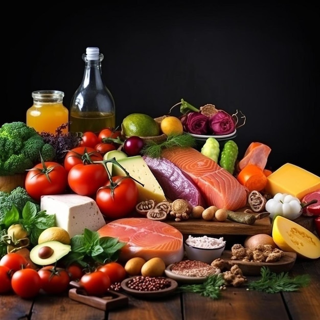 Photo variété d'aliments biologiques, y compris des légumes, des fruits, du pain, des produits laitiers et de la viande alimentation équilibrée