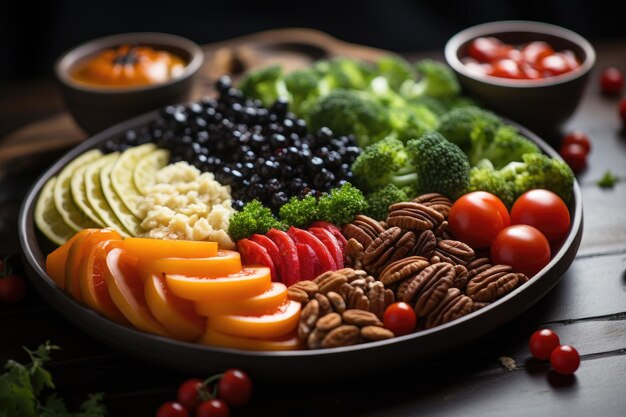 une variété d'aliments sains pour le cœur, y compris des lentilles d'açai du poisson avec de la crème sure et des carottes au gingembre