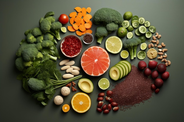 Une variété d'aliments sains sont disposés sur une table verte, y compris des fruits, des légumes et des céréales