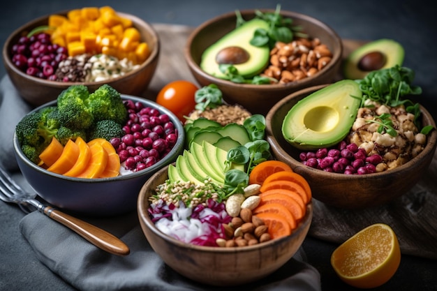 Une variété d'aliments, y compris l'avocat, les noix et les graines, sont sur une table.