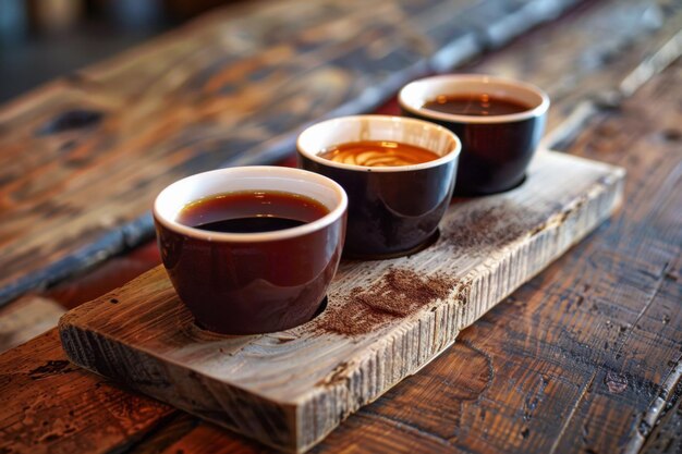 Photo une variété de arômes de café avec un vol de dégustation présenté sur un charmant plateau en bois