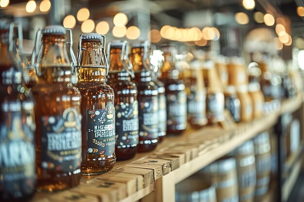 Une variété de bières artisanales, de growlers et de marchandises de brasserie soigneusement disposées sur des tableaux en bois.