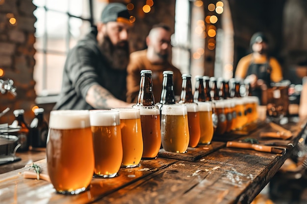 Une variété de bières artisanales, de growlers et de marchandises de brasserie soigneusement disposées sur des tableaux en bois.