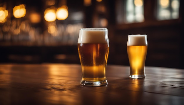 Une variété de bières sur une table de bar en bois