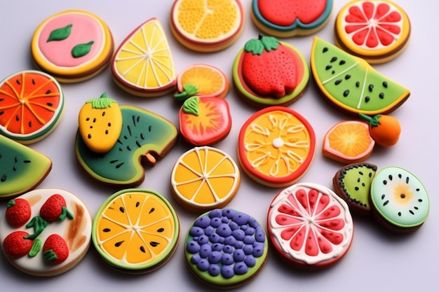 Une variété de biscuits aux fruits sont affichés sur une table.