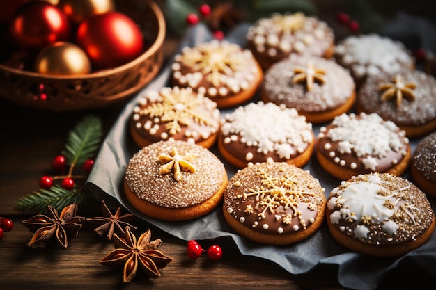 Variété de bonbons de biscuits de noël à l'anis étoilé et à la cannelle cuisson traditionnelle des fêtes