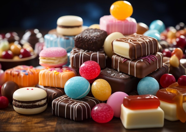 Une variété de bonbons colorés et de chocolats et de bonbins