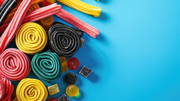 Une variété de bonbons colorés sur un fond bleu