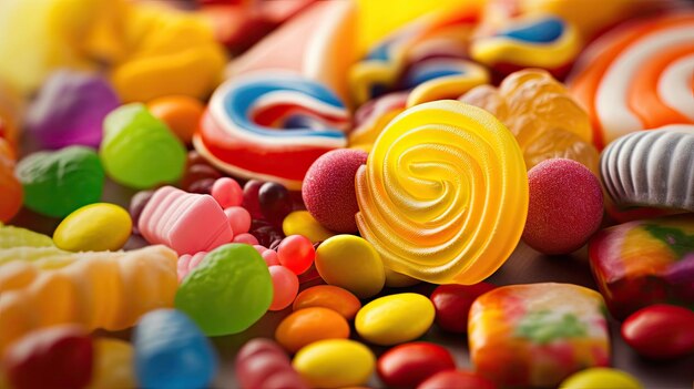 Une variété de bonbons colorés sont sur une table.