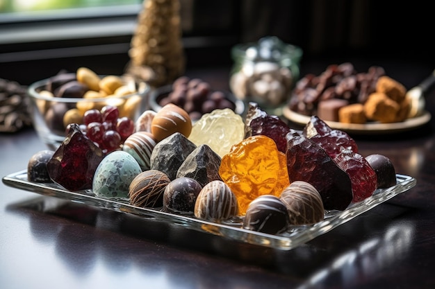 Photo une variété de bonbons de truffes à saveurs différentes sur un plateau de verre