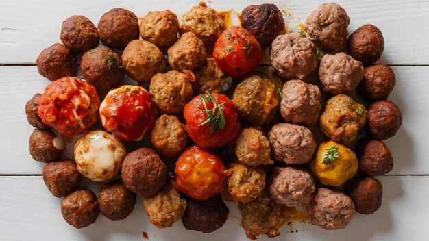 Photo variété de boule de viande type de viande sur la surface blanche en bois