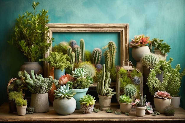 Variété de cactus et plantes succulentes et cadre photo pour la maison