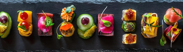 Une variété de canapés gourmands colorés magnifiquement disposés sur un plateau d'ardoise noire