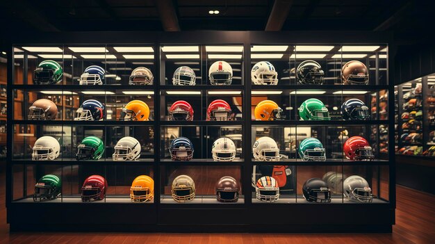 Une variété de casques de football colorés sur les étagères d'exposition avec un fond sombre humeur