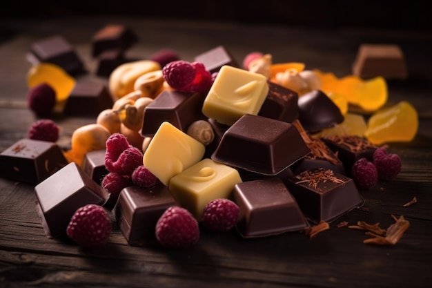 Une variété de chocolats et de framboises sur une table en bois.