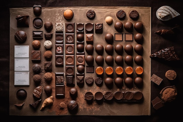 Une variété de chocolats sont affichés sur une table.