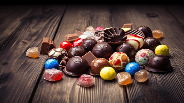 Une variété de chocolats sont sur une table en bois.