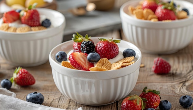 Une variété de choix de petit déjeuner sains sur une table en bois