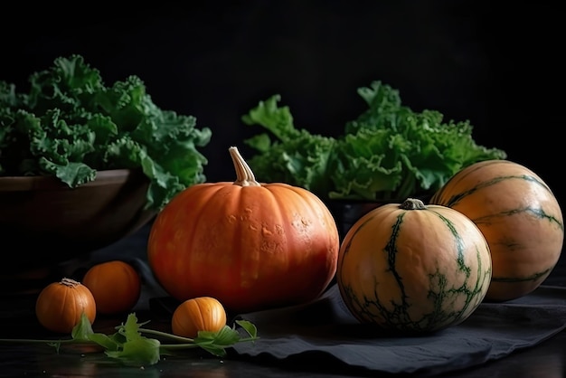 Une variété de citrouilles sur fond noir