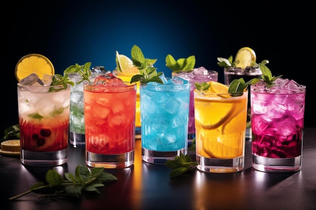 Une variété de cocktails différents sont sur une table.