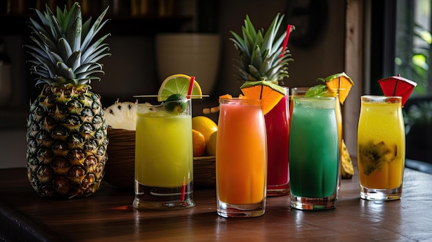 Variété de cocktails tropicaux sur le comptoir du bar dans un restaurant Generative AI