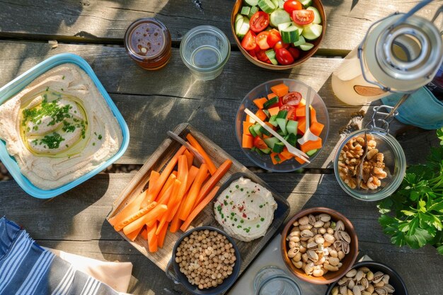 Une variété de collations fraîches à base de plantes habilement disposées sur une table de pique-nique rustique invitant à un festin sain