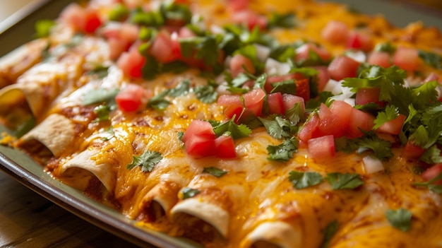 Une variété colorée d'enchiladas bien disposées sur une assiette surmontée de coriandre au fromage fondu et de tomates en dés