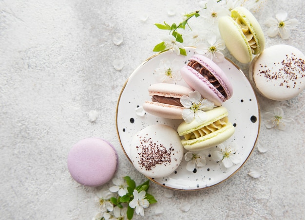 Variété colorée de macarons sucrés français sur fond textile gris