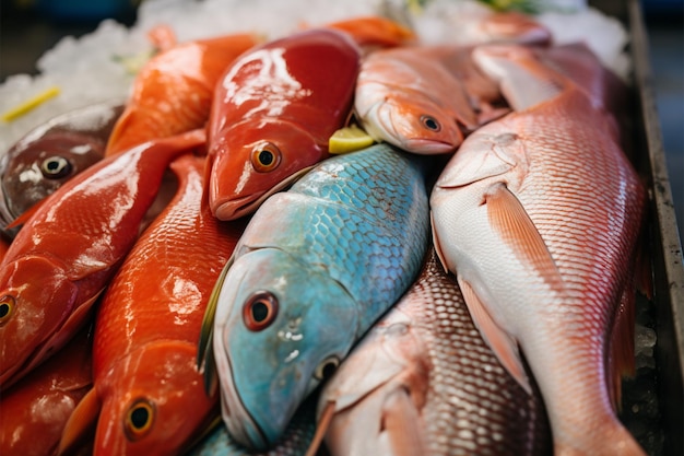 Photo variété colorée de poissons exposée sur le marché animé des fruits de mer