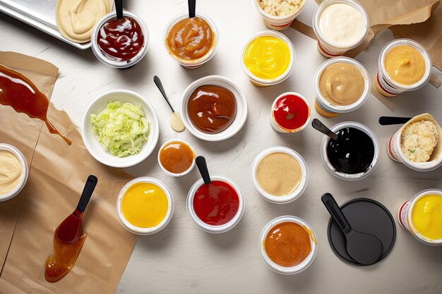 Une variété de condiments et de sauces utilisés sur une variété de produits alimentaires dans un cadre de restauration rapide