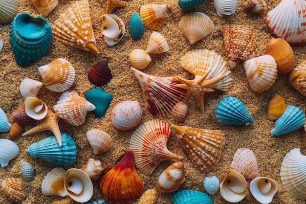 Une variété de coquillages sont sur une plage.