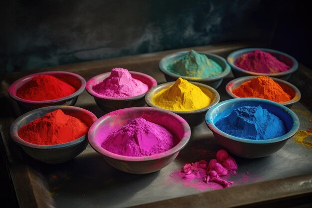 Une variété de couleurs de holi sont affichées dans des bols.