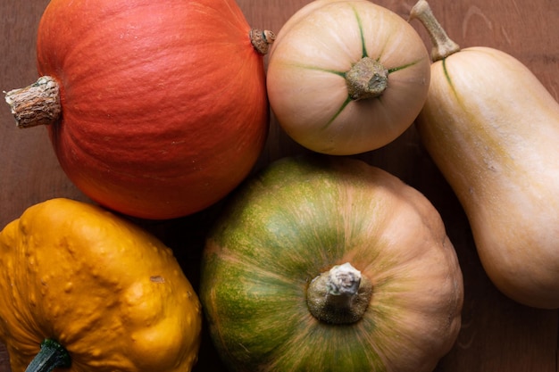 Variété de courges sur une table potiron pattypan butternut